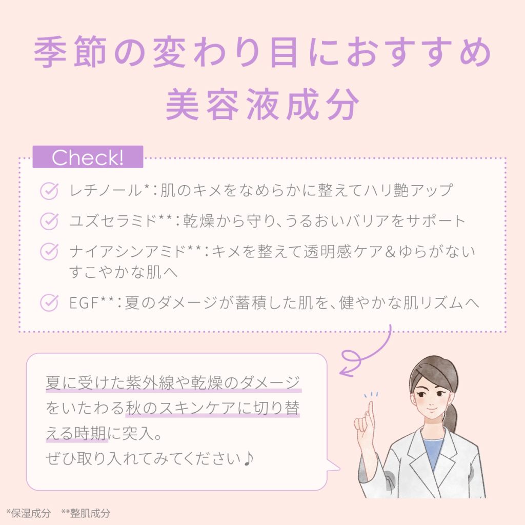 季節の変わり目におすすめ成分~レチノール:肌のキメをなめらかに整えてハリ艶アップ。ユズセラミド:乾燥から守りうるおいバリアをサポート。ナイアシンアミド:キメを整えて透明感ケア&ゆらがないすこやかな肌へ。EGF:夏のダメージが蓄積した肌を健やかな肌リズムへ