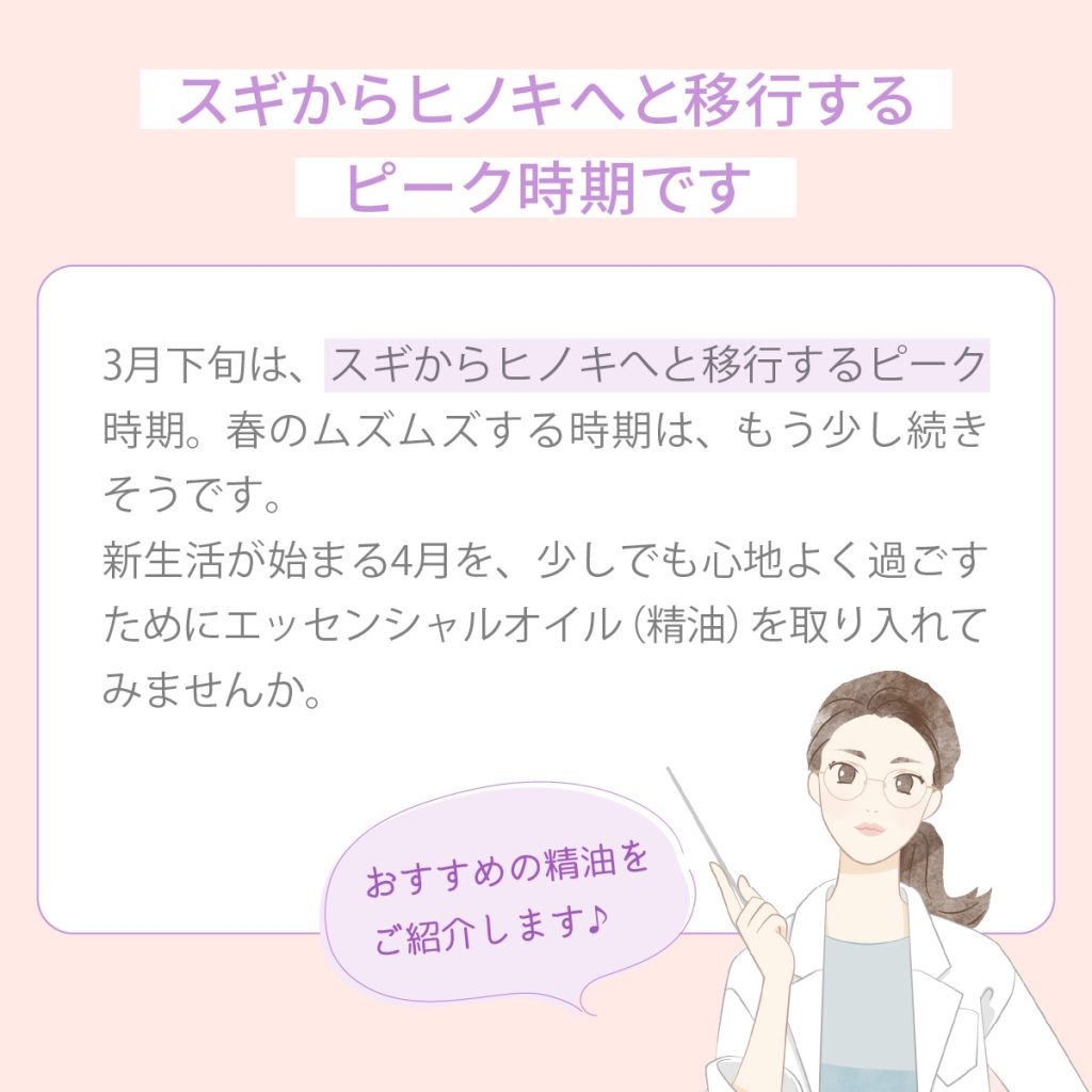 スギからヒノキへと移行するピーク時期です。3月下旬は、スギからヒノキへと移行するピーク時期。春のムズムズする時期は、もう少し続きそうです。新生活が始まる4月を、少しでも心地よく過ごすためにエッセンシャルオイル(精油)を取り入れてみませんか。